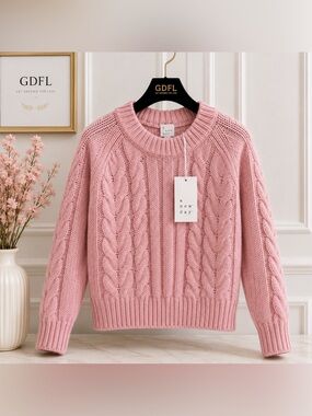 A New Day Cable Knit Sweater Womens Medium Pink Chunky Cozy Cottagecore